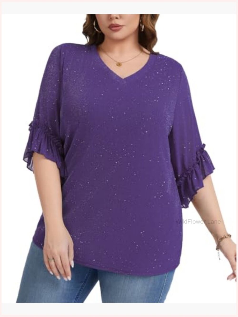 Plus Size Sequin Mesh V Neck Top Ruffled 3/4 Sleeve Blouse Party - Picture 5 of 7